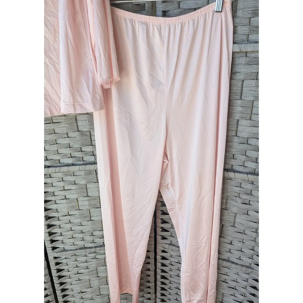 Vtg Vanity Fair Pajama 2‎ Pc Set Pink Lace Trim Antron III Nylon Silky Feel Lg